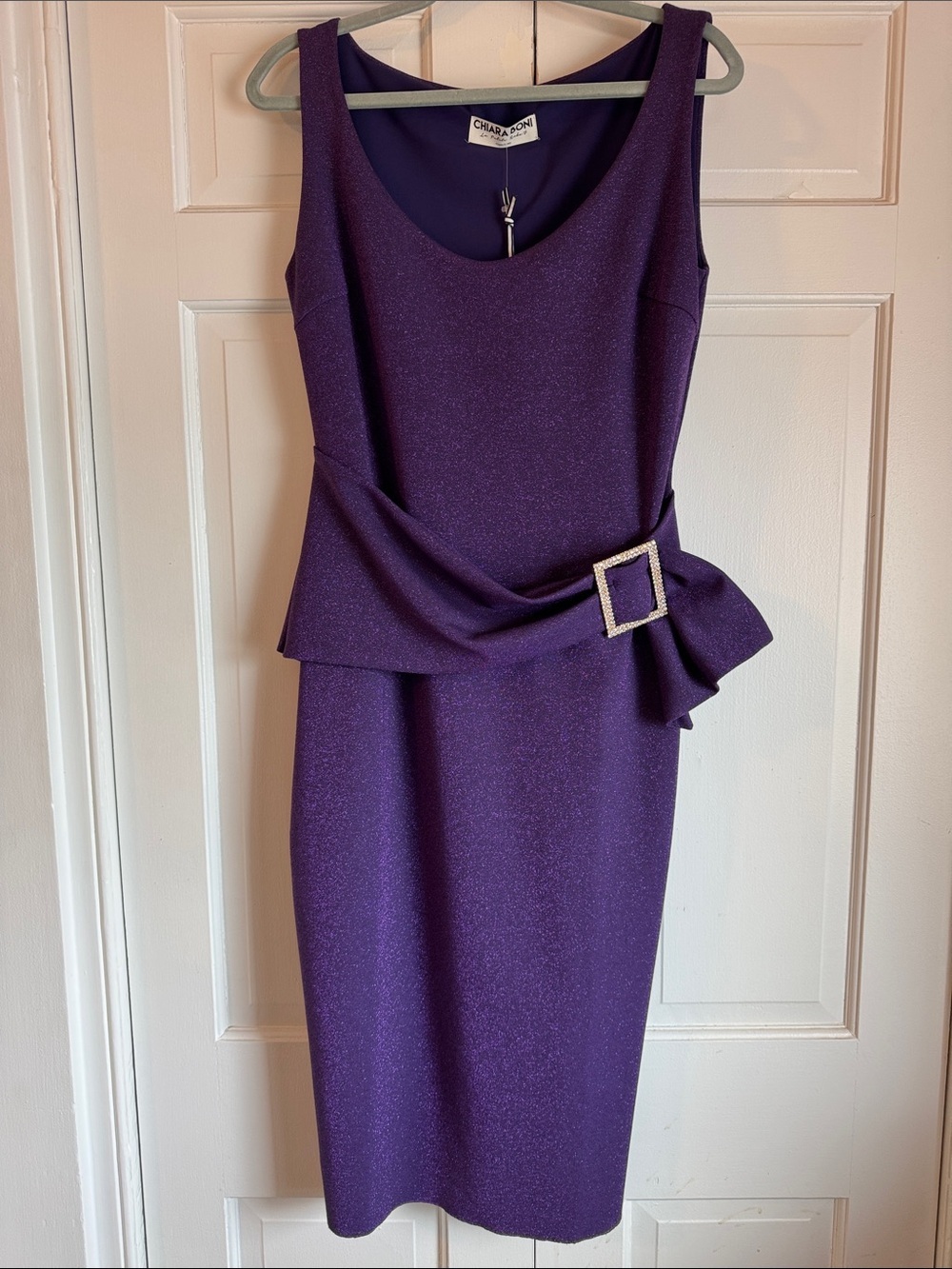 Chiara Boni Body Shimmering Deep Purple Sleeveless Rhinestone Buckle Midi Dress